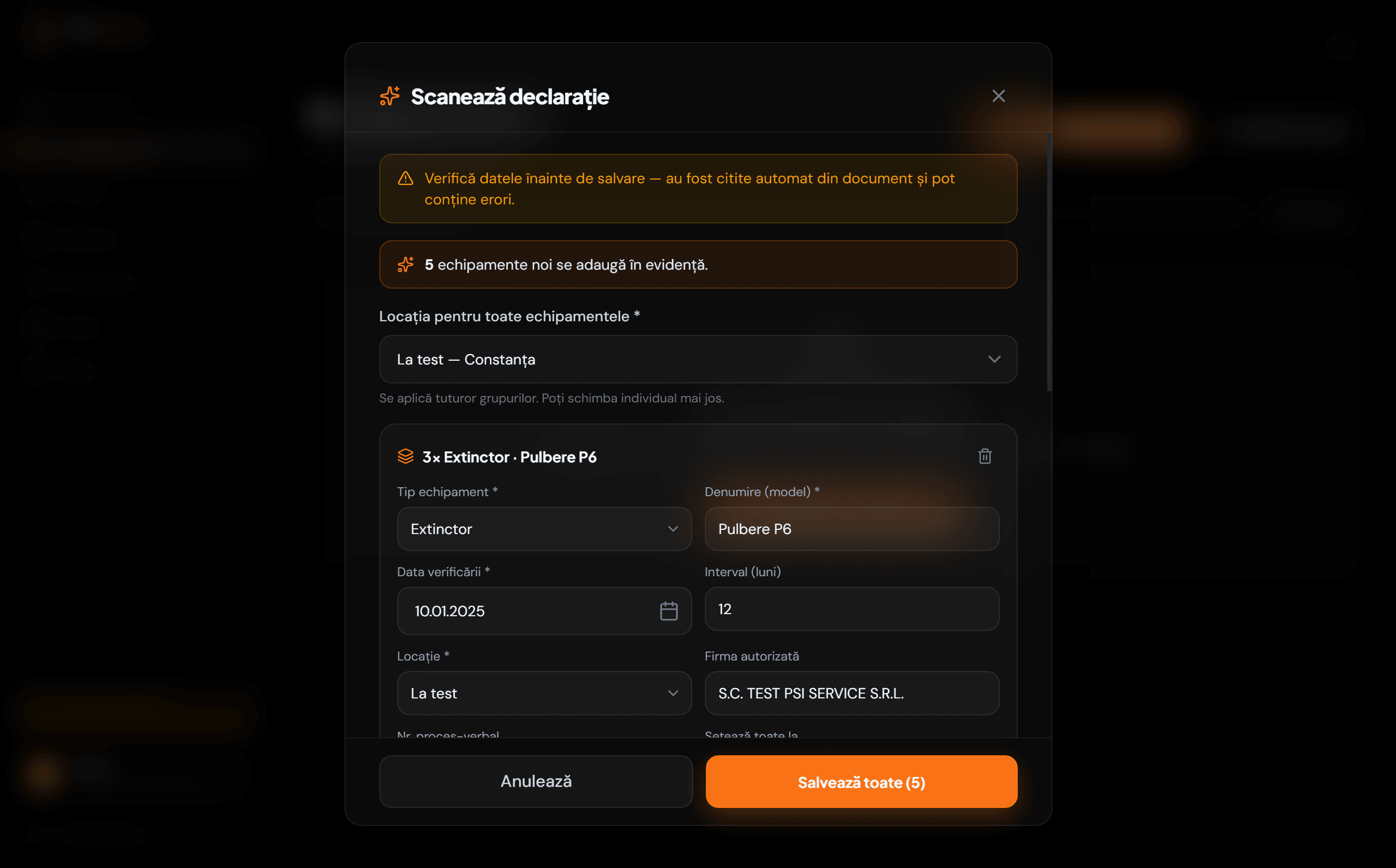 Ecran de confirmare a echipamentelor extrase din declarație
