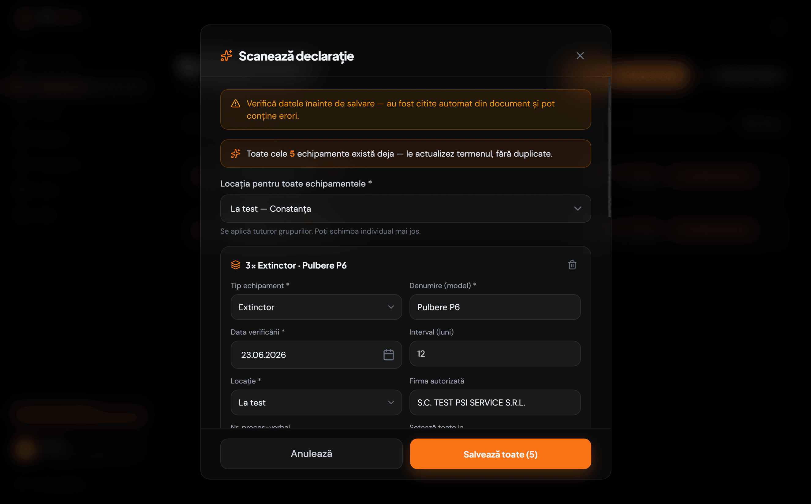 Re-scanare care actualizează echipamentele existente, fără duplicate